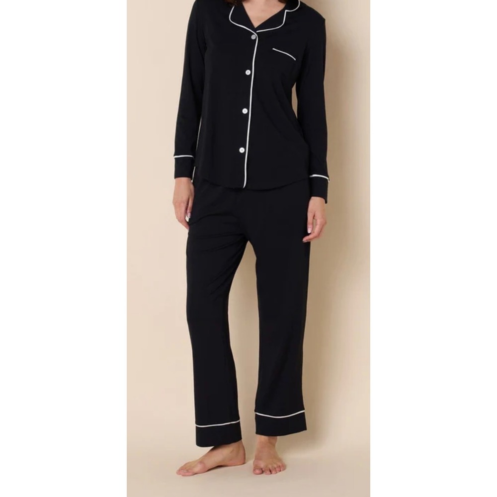 The Cats Pajamas Black Pajama Pants Sleepwear Loungewear Size S White Piping‎